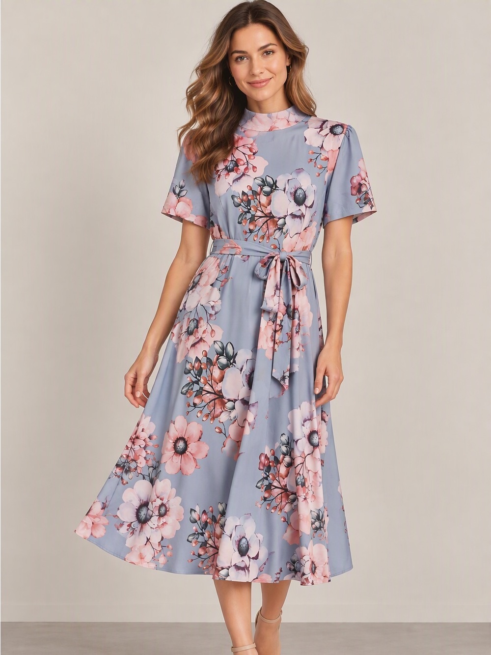 Floral Tie-Waist Midi Dress in Dusty Blue